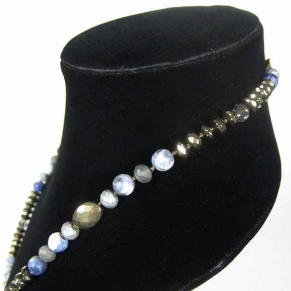 Necklace Blue Stone Beaded Goldtone Faceted Metal 36 inch Strand Statement - Picture 6 of 6